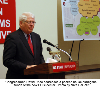 Photo of Congressman David Price addressing a packed house during the launch of the new SOSI center.  Photo by Nate DeGraff