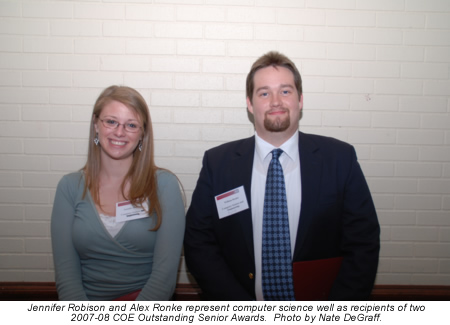 Photo of Jennifer Robison and Alex Ronke represent computer science well as recipients of two 2007-08 COE Outstanding Senior Awards.  Photo by Nate DeGraff.